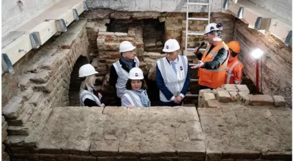 Dutch Ministers Mona Keijzer and Eppo Bruins visit the Binnenhof excavation in The Hague with Senate President Jan Anthonie Bruijn and alderman Saskia Bruines, Monday, April 7, 2025.