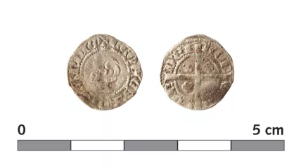 A 13th-century silver coin minted during the reign of Count Floris V, found during excavations at the Binnenhof in The Hague, April 7, 2025.