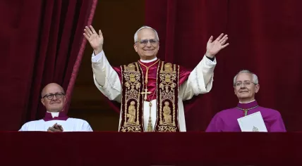 The newly elected Pope Leo XIV, Cardinal Robert Francis Prevost from the USA, blessing faithfuls from the central loggia of Saint Peter's Basilica, Vatican City, 08 May 2025.