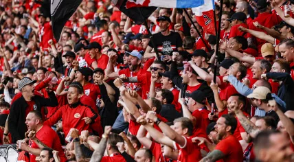 PSV fans celebrate FC Groningen equalizing against Ajax during the Dutch Eredivisie match between PSV Eindhoven and Heracles Almelo at the Phillips Stadium on May 14, 2025 in Eindhoven, Netherlands.
