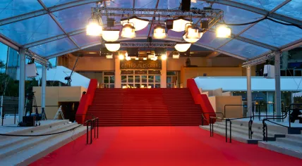 The famous red carpet steps of Cannes film festival Palais, French riviera, France.