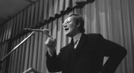Former VVD party leader Hans Wiegel speaking in the Concertgebouw in Haarlem,  November 7, 1972