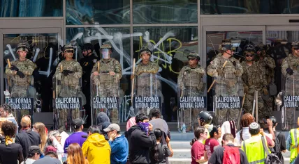California National Guard standing in front of protestors in Los Angeles, 9 June 2025