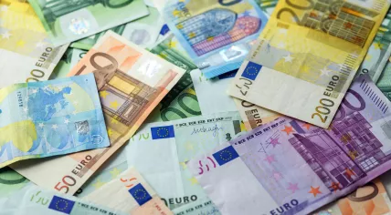 A scattered bunch of euro banknotes. 2016