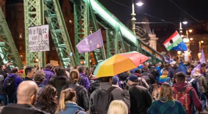 A rally on the Liberty Bridge in Budapest against law banning Pride, 25 March 2025