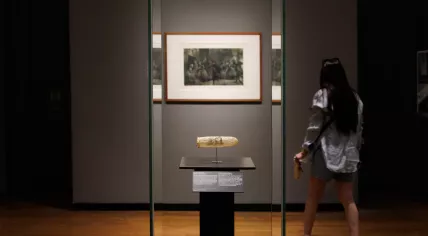 A condom with an erotic print from around 1830 displayed in the Rijksmuseum, June 2025