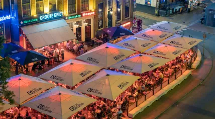 Packed terraces near the Grote Markt in Groningen at night, 7 July 2022
