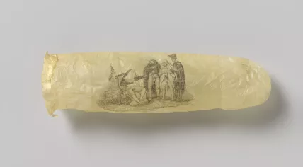 A condom with an erotic print from around 1830 displayed in the Rijksmuseum, June 2025