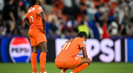 Lineth Beerensteyn of Holland and Esmee Brugts of Holland after the European Championship Group D match between the Netherlands and France in St. Jakob-Park, Basel, Switzerland.