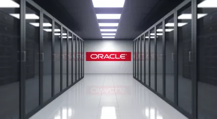 Oracle Corporation logo on the wall of a server room