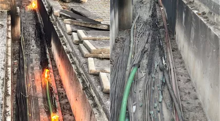 Damage caused by a fire on the railway on the first day of the NATO Summit in Amsterdam, June 24, 2025.