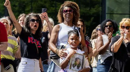 Over 1,000 people protest against femicide on the Schouwburgplein in Rotterdam, 3 August 2025. Protest organized by Dolle Mina