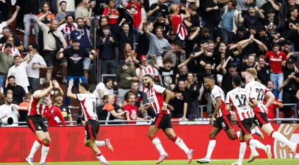 Sergiño Dest celebrates after scoring the 2–1 goal during the 29th Johan Cruyff Shield match between PSV Eindhoven and Go Ahead Eagles at the Philips Stadion in Eindhoven, the Netherlands, on August 3, 2025.