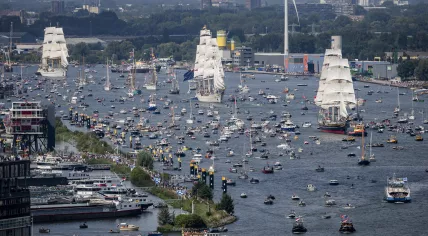 SAIL Amsterdam: Tall ships during the Sail-In parade, seen from A'DAM Tower, 20 August 2025
