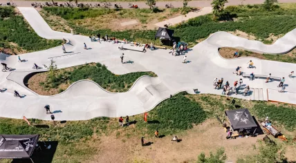 Skate park on the roof of a tunnel over the A9 highway in Amsterdam