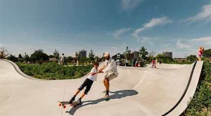 Skate park on the roof of a tunnel over the A9 highway in Amsterdam