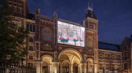 The 34-hour version of Steve McQueen's documentary, Occupied City, shown on the Rijksmuseum façade in Amsterdam. September 2025