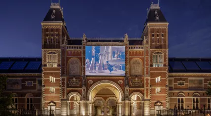 The 34-hour version of Steve McQueen's documentary, Occupied City, shown on the Rijksmuseum façade in Amsterdam. September 2025