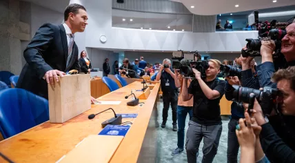 Finance Minister Eelco Heinen (VVD) stands before MPs in the Tweede Kamer for his presentation of the annual budget proposal from Prime Minister Dick Schoof's caretaker Cabinet for the 2026 calendar year. 16 September 2025