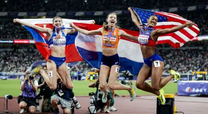 Dutch athlete Femke Bol (c) takes gold in the 400-meter hurdles at the 2025 World Athletics Championships in Tokyo, flanked by bronze medalist Emma Zapletalova from Slovakia (l) and silver medalist Jasmine Jones from the U.S. (r). 19 Sept 2025