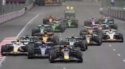 Red Bull driver Max Verstappen of the Netherlands leads at the start of the Azerbaijan Formula One Grand Prix in Baku, Azerbaijan, Sunday, Sept. 21, 2025.