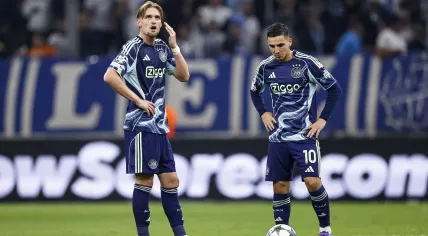 Kenneth Taylor and Oscar Gloukh of Ajax after Olympique Marseille make it 4-0 in the UEFA Champions League game against Ajax, September 30, 2025.
