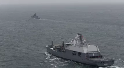 The Zr.Ms. Den Helder escorts the Russian frigate Neustrashimy out of Dutch waters in the North Sea, 20 September 2025