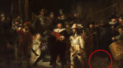 Rembrandt van Rijn, The Night Watch, 1642, with the position of the dog indicated by a red circle