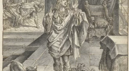 Adriaen Pietersz. van de Venne, Design for the Frontispiece of Jacob Cats, Self-Strijt, 1619. This drawing is believed to have inspired the barking dog in Rembrandt’s The Night Watch.