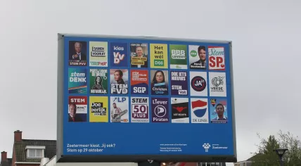 A board in Zoetermeer displays the political parties ahead of the 2025 Tweede Kamer elections.