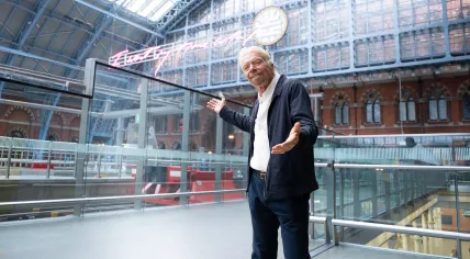 Richard Banson announces a Virgin high speed train connection between London and Paris, Brussels, and Amsterdam at  London St Pancras International. 30 October 2025