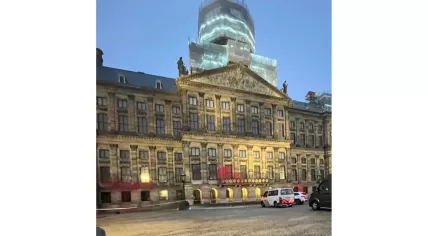 Royal Palace on Dam Square in Amsterdam defaced with red paint and the words "fuck Israel" on the second anniversary of the start of the Gaza war, 7 October 2025