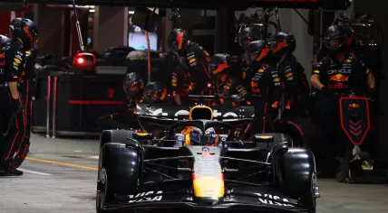 Red Bull Racing driver Max Verstappen of Netherlands in the pits during the 2025 Formula 1 Singapore Grand Prix at the Marina Bay Street Circuit in Singapore, 05 October 2025.