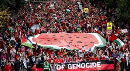 About 250,000 people marched through Amsterdam on Oct. 5, 2025, during the city’s third Red Line protest against the Dutch government’s Israel policy.