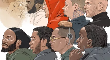 Court sketch of Christopher W., Delano G., Erickson O., Krystian M., Gerower M., Kamil E., Ludgardo S., Konrad W. on the first day of the appeal in the Peter R. de Vries murder case.