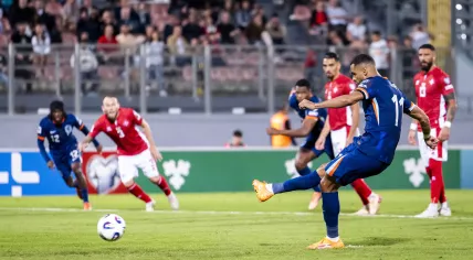 Cody Gakpo scores a penalty against Malta in a World Cup qualifier, October 9, 2025. 