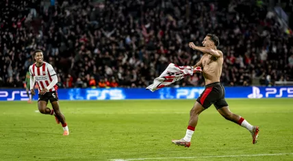 PSV Eindhoven forwarder Couhaib Driouech celebrating the goal 6-2 during the match PSV Eindhoven vs SSC Napoli at the Philips stadium for the Champions League - League phase - Matchday 3 season 2025-2026 in EINDHOVEN, Netherlands on 21 oktober 2025,