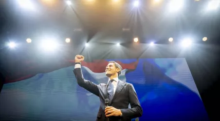 D66 leader Rob Jetten delivers a victory speech to his supporters after the Tweede Kamer election. 29 Oct 2025
