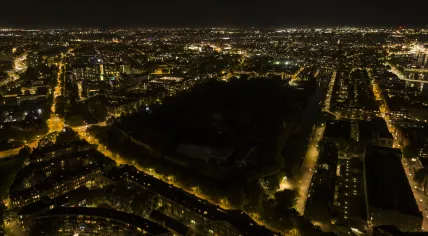 Lights out at Artis Zoo in Amsterdam: an aerial view northwest from Alexanderplein towards the city center. Sept. 2023