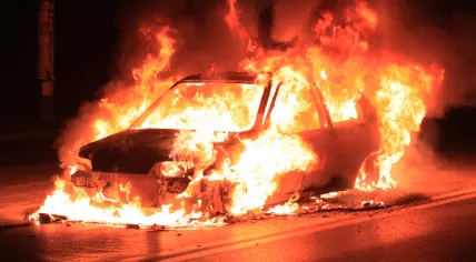 A car on fire.
