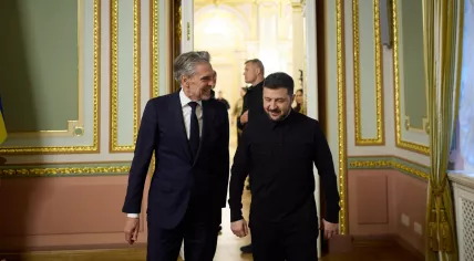 Ukrainian President Volodymyr Zelensky and Dutch Prime Minister Dick Schoof during their meeting in Kyiv, Ukraine, on October 6, 2025.