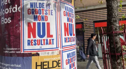 “Wilders: Biggest mouth, Zero results,” states an election campaign protest poster seen in Amsterdam from citizen action group Kom in Plaksie. 28 October 2025