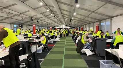 Volunteers counting votes for the 2025 Tweede Kamer elections, NDSM Loods, a warehouse on Amsterdam-Noord, October 30, 2025. 