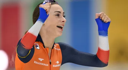 Femke Kok of Netherlands reacts after winning the women's 500 meters in a world record in the ISU World Cup Speed Skating at the Utah Olympic Oval in Salt Lake City, Utah, on 16 November 2025.