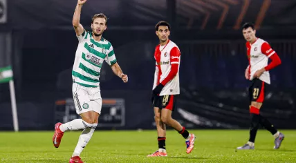 Benjamin Nygren of Celtic FC celebrates after scoring his teams third goal during the UEFA Europa League 2025/26 League Phase MD5 match between Feyenoord Rotterdam and Celtic FC at De Kuip on November 27, 2025 in Rotterdam, Netherlands.