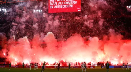firework during the Dutch Eredivisie match between AFC Ajax and FC Groningen at Johan Cruyff Arena on November 30, 2025 in Amsterdam, Netherlands.