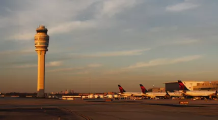 Planes and the control tower at Hartsfield-Jackson Atlanta International Airport in Atlanta, U.S.