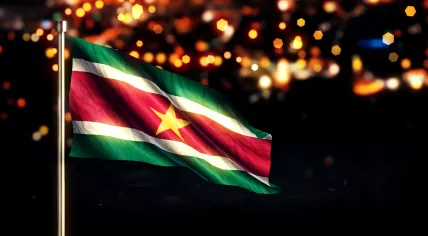 The flag of Suriname against a backdrop of city lights. Artist's rendering. 