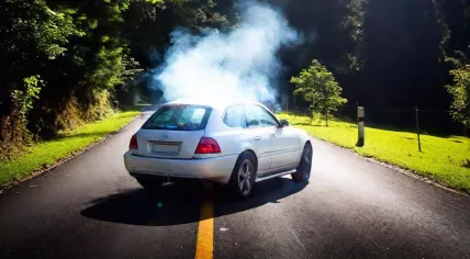 Smoke pours from a car's hood