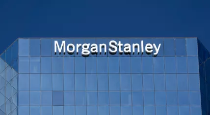Building and logo of American multinational financial services corporation Morgan Stanley